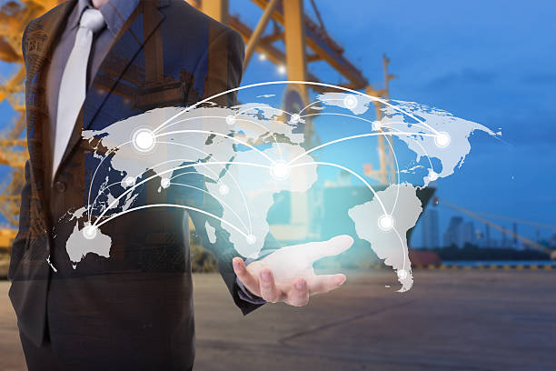 istock Global network coverage world map on hand of businessman 597242176