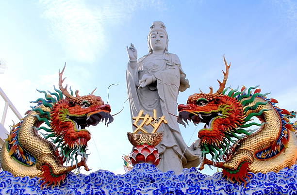 zwei drachen auf guanyin hintergrund aus dem chinesischen tempel. - quan yin stock-fotos und bilder