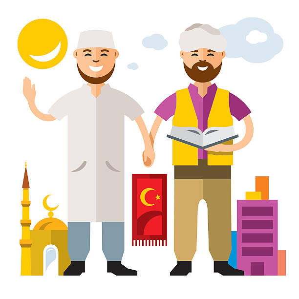 Vector Islam. Islamic Prayers. Flat style colorful Cartoon illustration. Imam with the Koran and a man holding hands. Isolated on a white background i love allah in arabic silhouettes stock illustrations