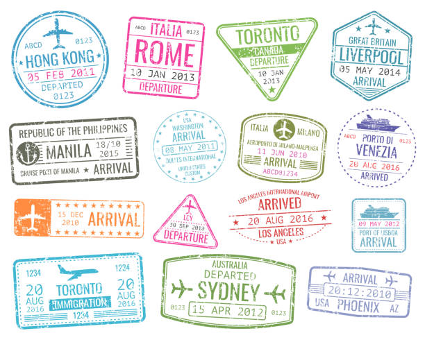 международные деловые поездки визы марки вектор прибытия знак набор - passport stamp passport rubber stamp travel stock illustrations