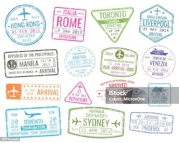 International Business Travel Visa Stamps Vector Arrivals Sign Set Stock Illustration - Download Image Now