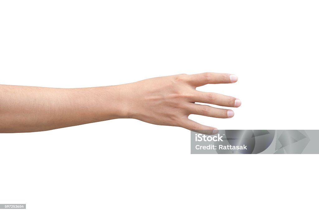 right back hand of a man right back hand of a man trying to reach or grab something. fling, touch sign. Reaching out to the left. isolated on white background Reaching Stock Photo