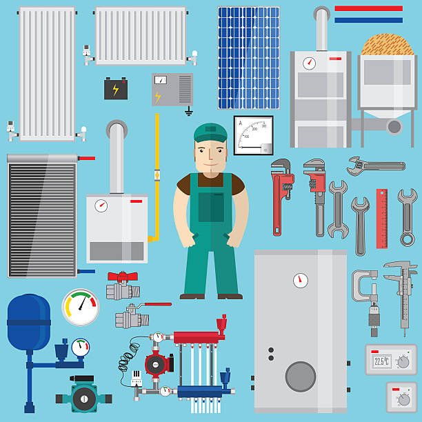 illustrations, cliparts, dessins animés et icônes de éléments de plomberie et de chauffage. matériel de chauffage. - gas boiler illustrations