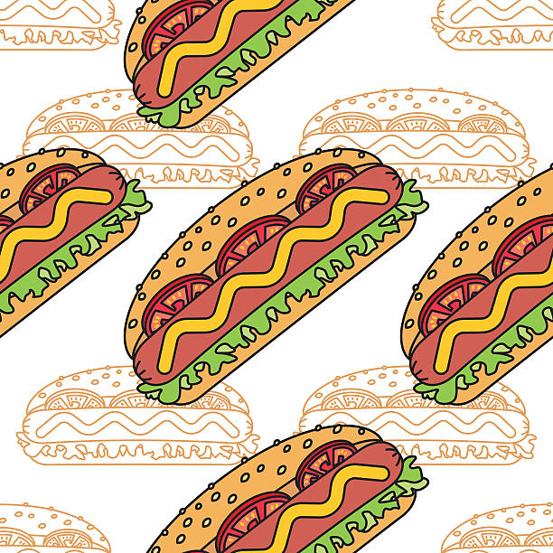 hot dog bez szwu wzór. płaska i cienka linia. - illustration and painting sandwich hungry beef stock illustrations