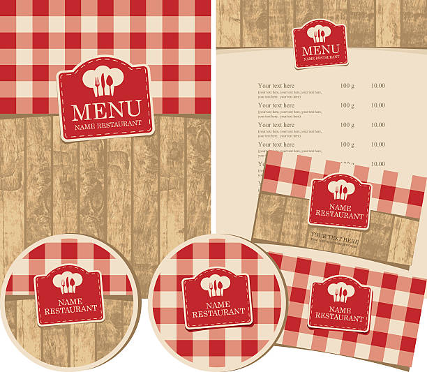 set of design elements for a cafe or restaurant set of design elements for a cafe or restaurant with the texture of wooden planks and tablecloths chef backgrounds stock illustrations