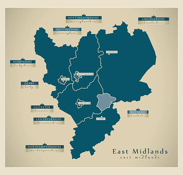 illustrazioni stock, clip art, cartoni animati e icone di tendenza di mappa moderna - east midlands uk - midlands