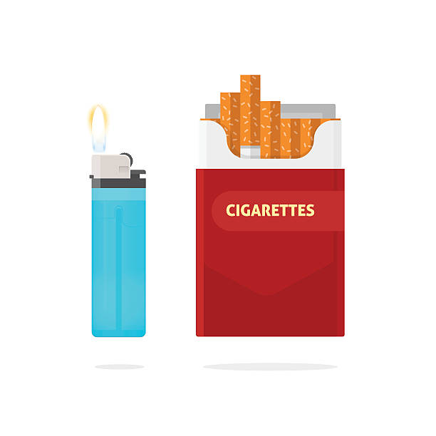 Cigarettes pack box and lighter with fire vector illustration isolated Cigarettes pack box and lighter with fire vector illustration isolated on white background, flat style design open flame stock illustrations