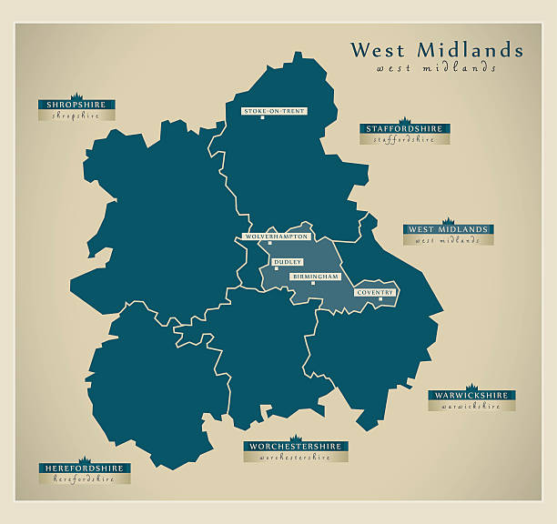 illustrazioni stock, clip art, cartoni animati e icone di tendenza di mappa moderna - west midlands uk - west midlands