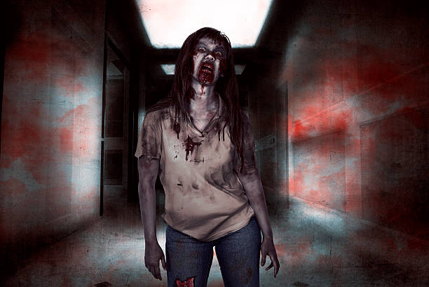 asiatische zombie-frau zu fuß - zombie aggression monster indoors stock-fotos und bilder