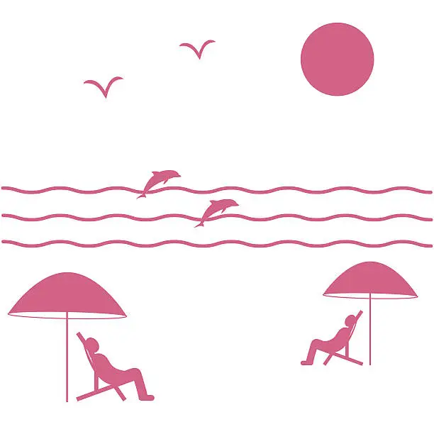Vector illustration of holiday by the sea: the sun, seagulls, people in beach