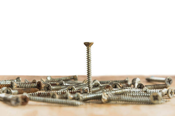 istock screw on wooden sheet on white background 597265420