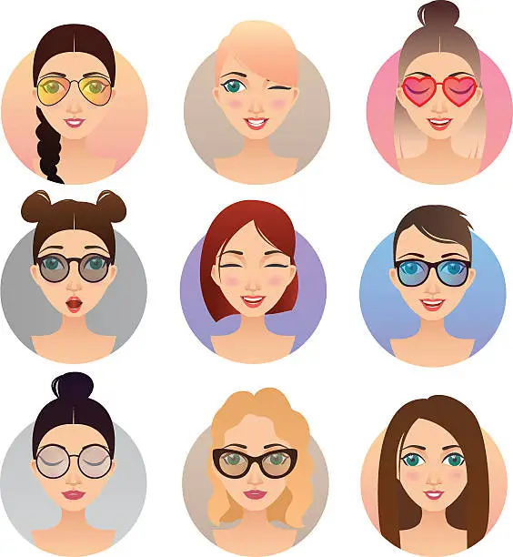 Vector illustration of Set of 9 women avatars, people characters