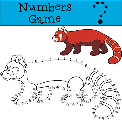 Educational game: Numbers game with contour. Little cute red panda walks and smiles.
