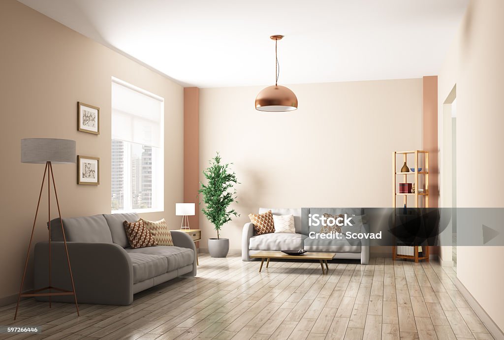 Modern living room interior 3d rendering Modern interior of living room with two gray sofas 3d rendering Living Room Stock Photo