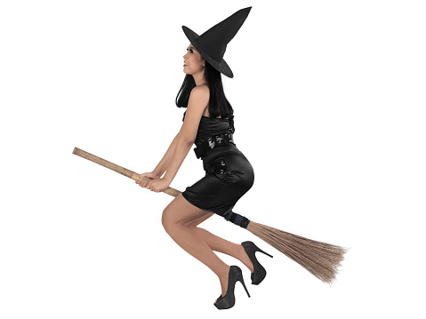 Asian witch woman ride the broom, isolated over white background