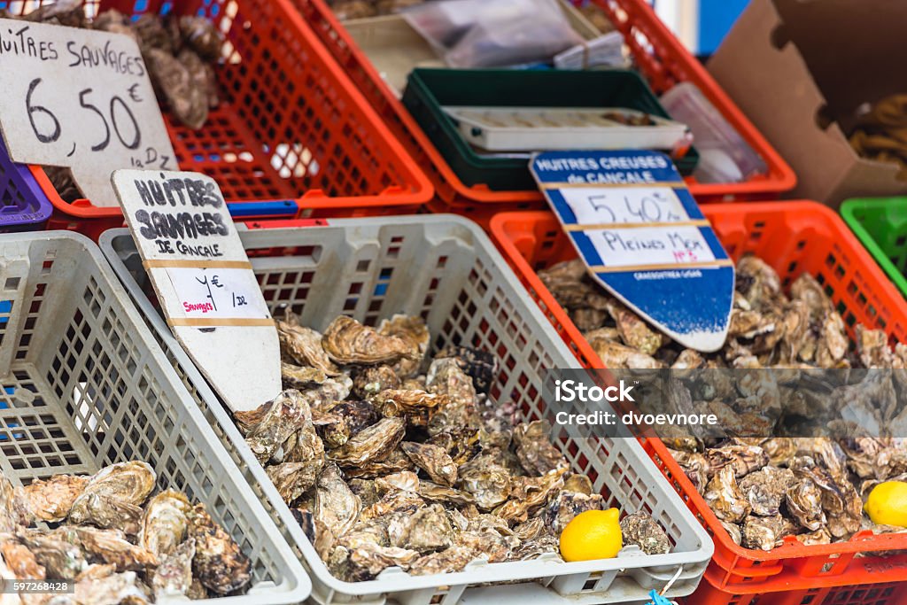 Austern Markt in Cancale, Frankreich - Lizenzfrei Auster Stock-Foto