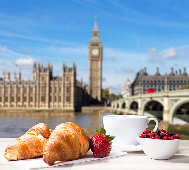 Coffee with croissants against London view