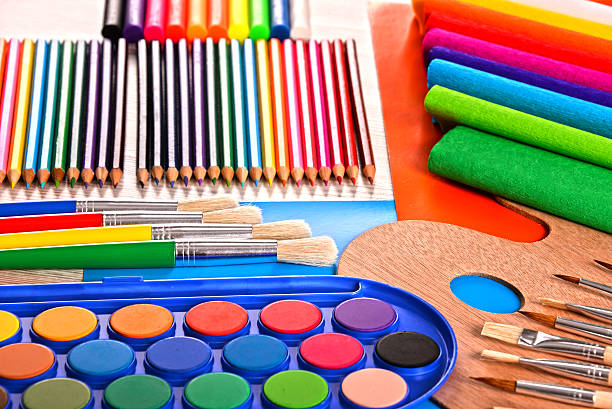 istock Composition with school accessories for painting and drawing 597269314