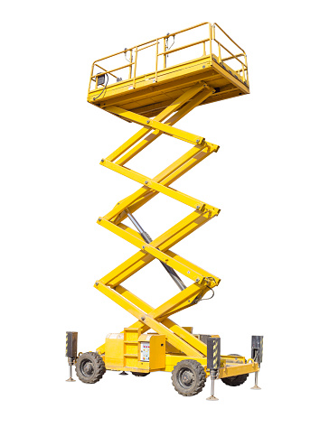 Mobile aerial work platform - yellow scissor hydraulic self propelled lift on a light background.