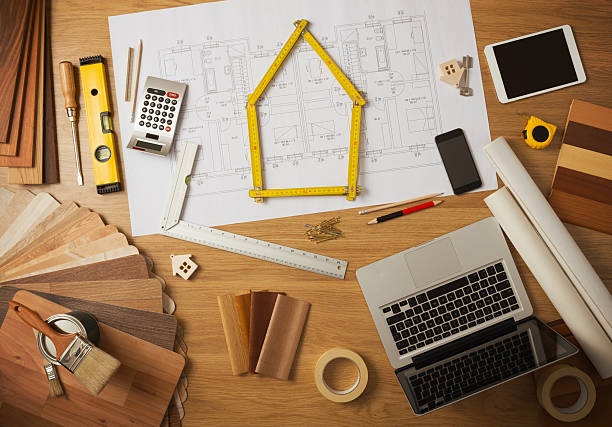 mesa de trabajo de arquitecto e interiorista - blueprint plan house home improvement fotografías e imágenes de stock