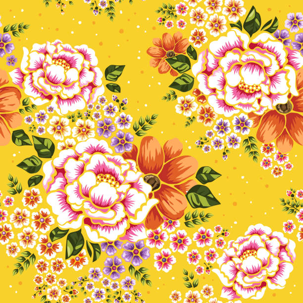 Floral seamless pattern Floral seamless pattern, traditional hakka flower design over yellow background taiwan stock illustrations