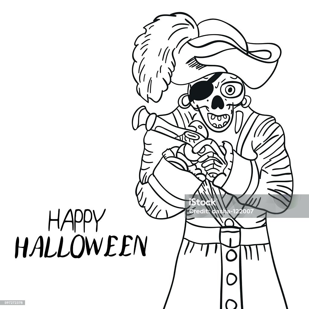 Skelett-Pirat. Halloween. Schädel und Knochen. Skizzieren. Handzeichnung. Für - Lizenzfrei Anatomie Vektorgrafik
