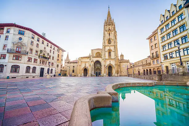 The Cathedral of Oviedo, Spain, was founded by King Fruela I of Asturias in 781 AD and is located in the Alfonso II square.