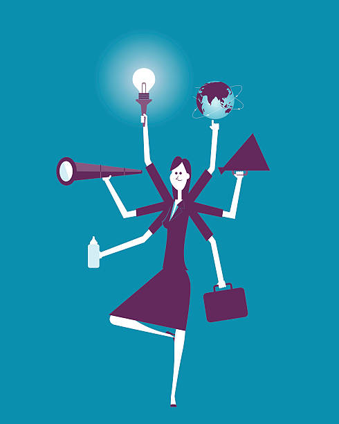 Businesswoman Multitasking with Multiple Arms Vector Illustration - Busy Businesswomman Multitasking with Multiple Arms small business owner stock illustrations