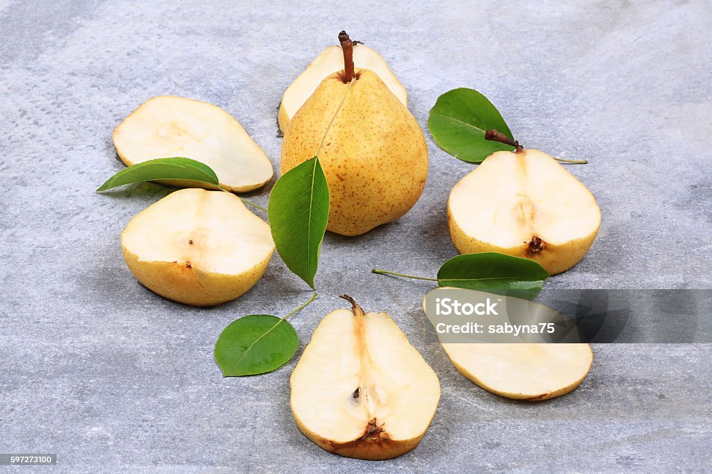 pears on gray background  autumn pears on gray background view from above flat view of autumn Backgrounds Stock Photo