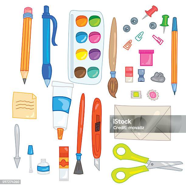 Painting tools elements vector set in cartoon style. Art supplies. Paint  tubes, brushes, pencils, watercolor, palette, crayons. Vector hand draw  illustration. 26226274 Vector Art at Vecteezy