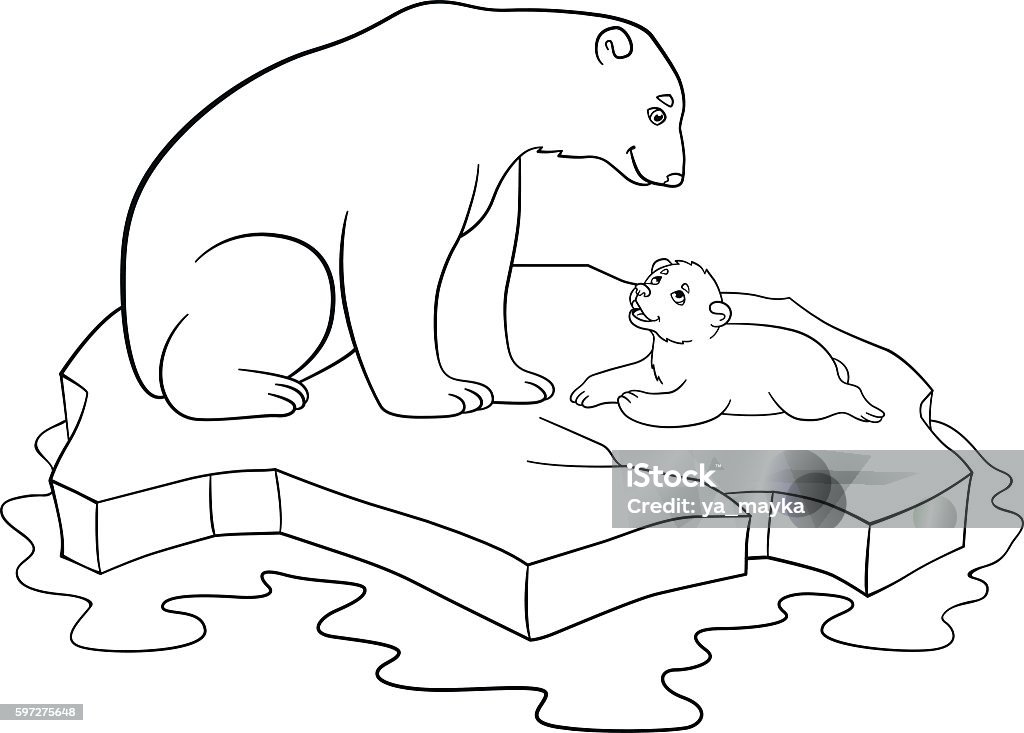Coloring pages. Mother polar bear with her cute baby. Coloring pages. Mother polar bear sits on the ice-floe with her little cute baby and smiles. Outline stock vector
