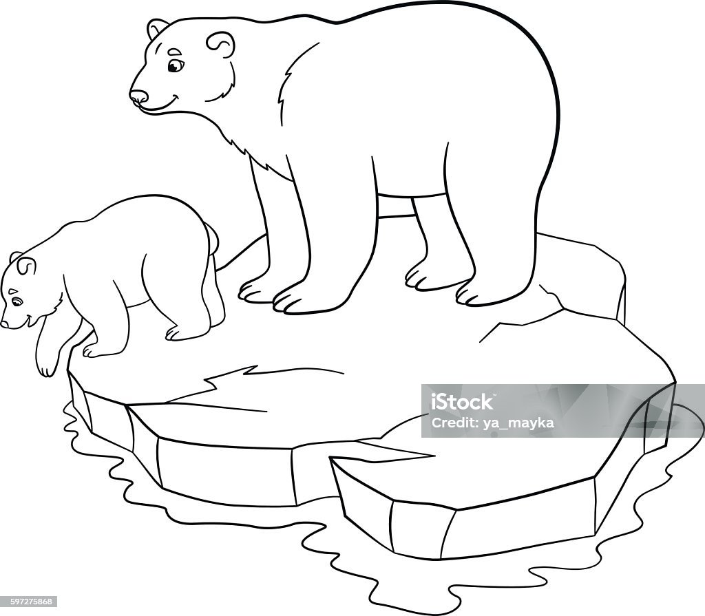 Coloring pages. Mother polar bear with her cute baby. Coloring pages. Mother polar bear stands on the ice-floe with her little cute baby and smiles. Animal stock vector