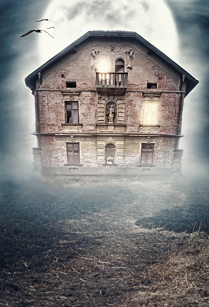 istock Haunted derelict old house. Halloween design 597276090