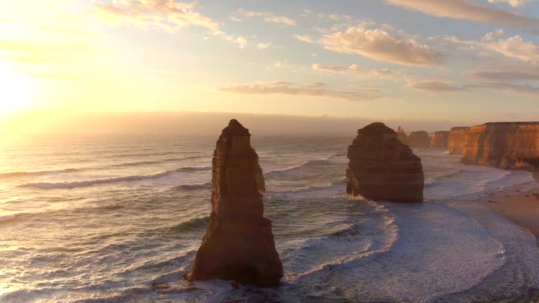 AERIAL: The majestic Twelve Apostles along the rocky Australian ocean shore