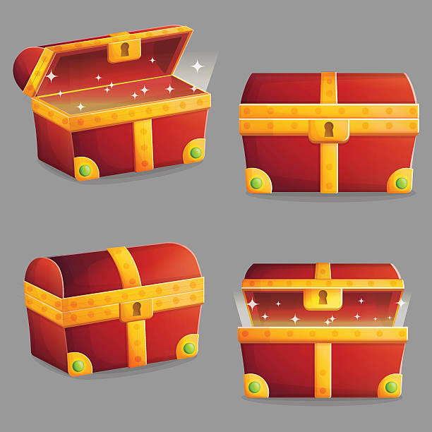 Treasure chest in different positions Illustration of an ancient treasure chest with riches shining inside of it. Different view angles and positions. Front and isometric view. currency chasing discovery making money stock illustrations