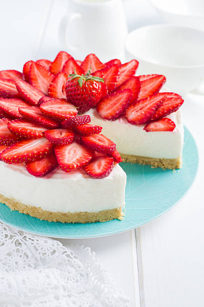 istock no baked strawberry cheesecake on white background 597633132