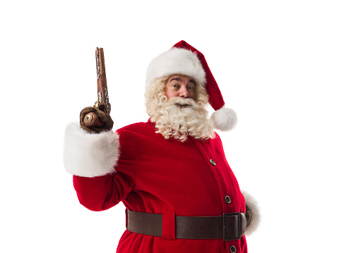 Santa Claus  holding vintage gun Closeup Portrait. Isolated on White Background