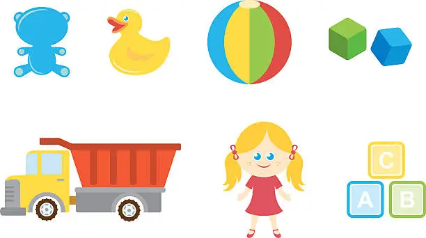 Vector illustration of Set of different children's toys on a white background