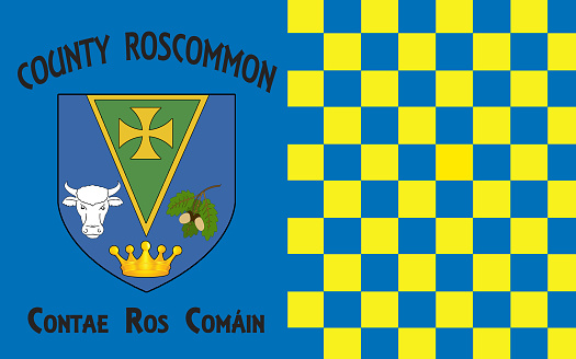 Flag of County Roscommon is a county in Ireland. It is located in the province of Connacht, and also the West Region.