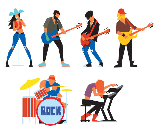 ilustraciones, imágenes clip art, dibujos animados e iconos de stock de músicos del grupo de rock aislados sobre fondo blanco. - illustration technique people performing arts event musical instrument