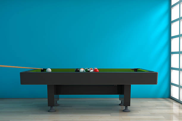 istock Billiard Table with Balls Set and Cue. 3d Rendering 597642260