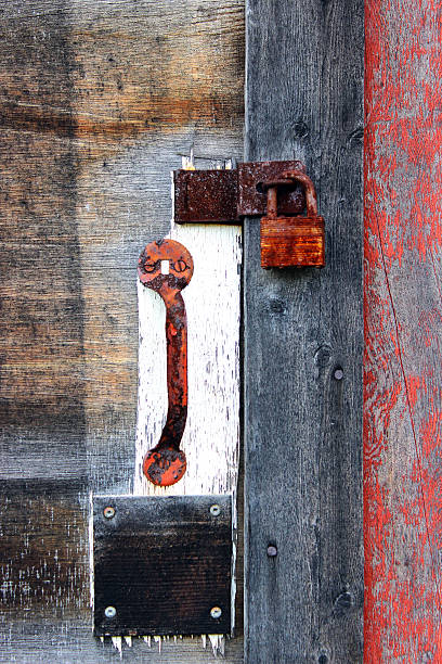 istock Rusty Padlock on Old Wooden Door 597642948