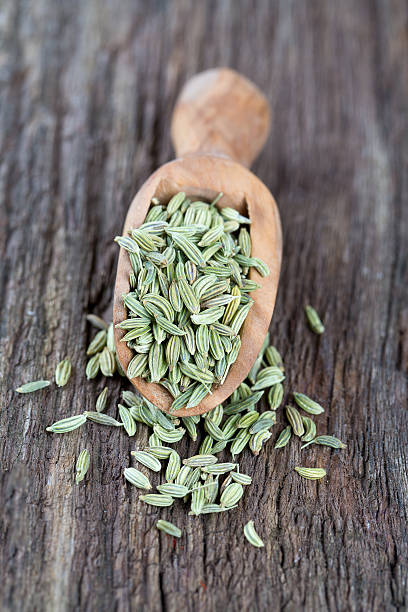 semi di finocchio in un cucchiaio di legno sul tavolo - ingredient fennel food dry foto e immagini stock