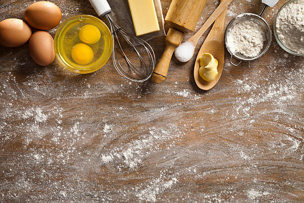 dough preparation and baking frame - kitchen utensil ingredient cooking nobody imagens e fotografias de stock