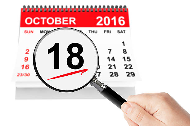 istock Alaska Day Concept. 18 october 2016 calendar with magnifier 597646294