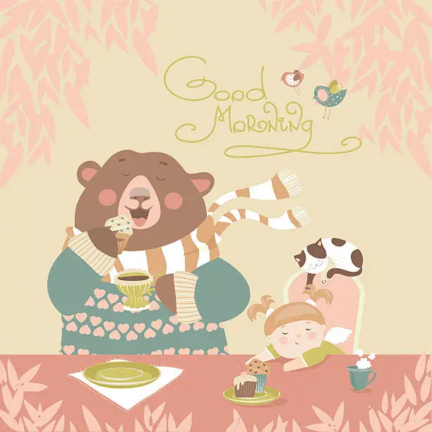 Vector illustration of Girl drinking tea with a cute bear