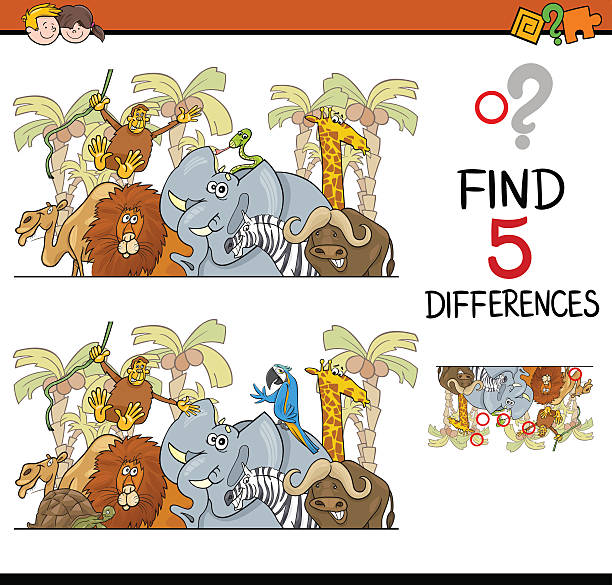 differences activity for kids Cartoon Illustration of Finding Differences Educational Activity Task for Children with Safari Animal Characters find the differences stock illustrations