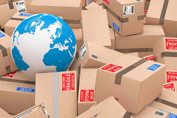 istock Heap of Cardboard Parcel Packages with Earth Globe. 3d Rendering 597647240