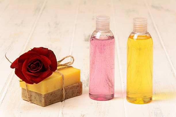 istock Shower gel, soap and rose 597651554