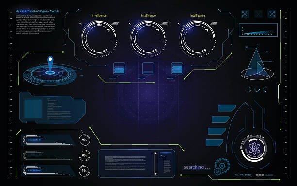 abstract UI hud interface futuristic data processing screen template background abstract UI hud interface futuristic data processing screen analysis design template background eps 10 vector lunar module stock illustrations